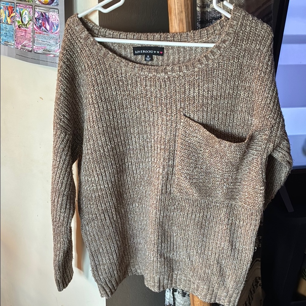 Love Rocks Brown Crew Neck Sweater with Chunky Knit